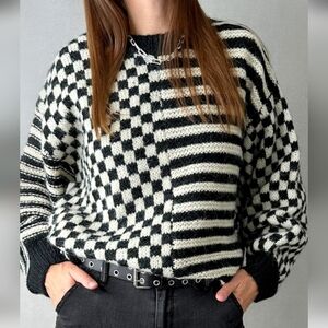 Mixed Patterned Sweater With Checkered And Striped Panels